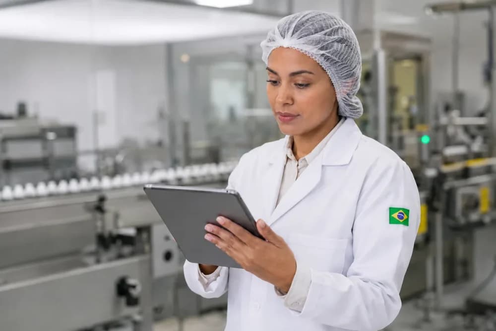 Profissional de controle de qualidade com touca e jaleco usa um tablet em indústria farmacêutica