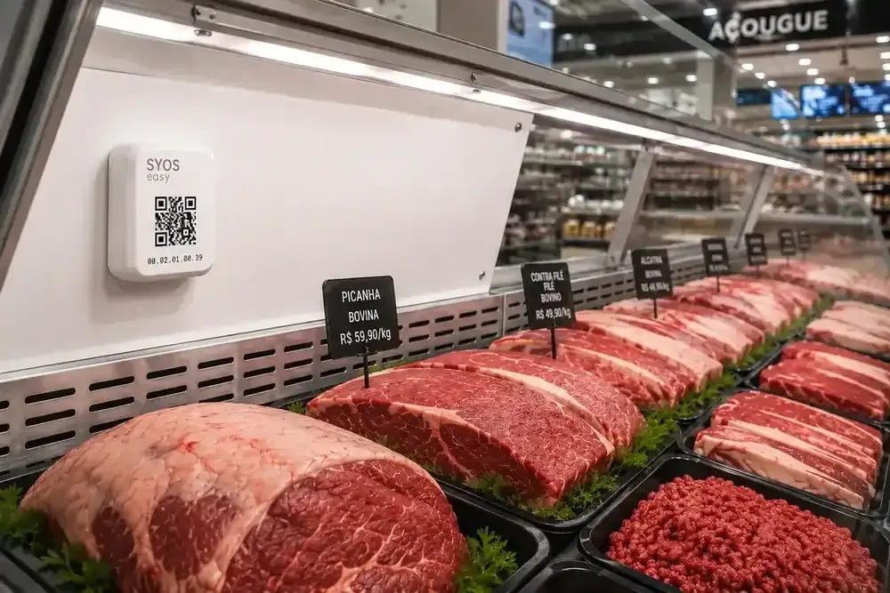 Quatro quadros: o sensor no balcão do açougue, o painel na câmara fria, o histórico de 24h e o relatório pronto na gerência